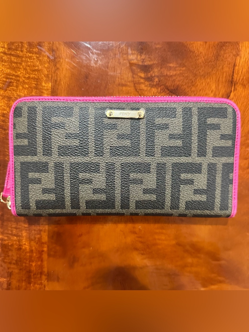 Fendi Zucca Monogram Zip-Around Continental Wallet Pink Trim COA Included